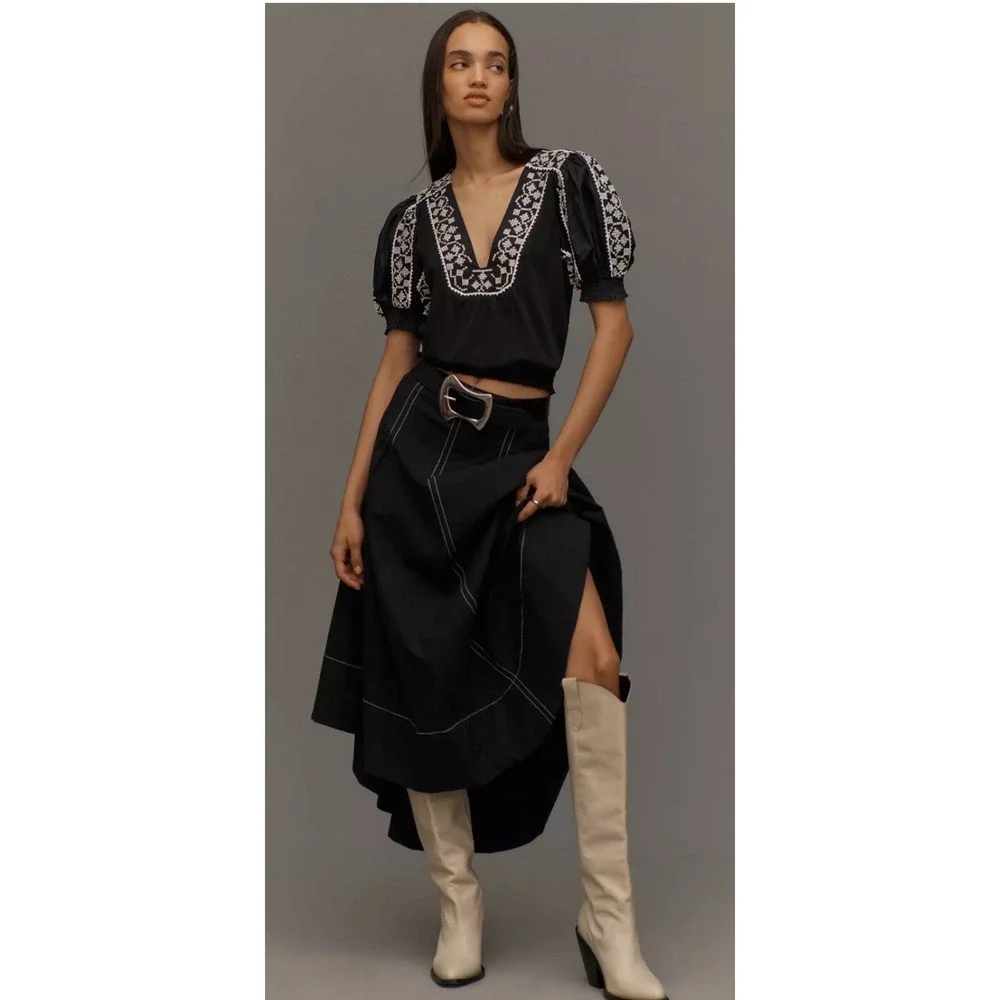 Anthropologie Embroidered Puff Sleeve V-Neck Smocked Top Black White Large